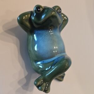 Relaxed Frog Ceramic Figurine - Green and Blue 2009